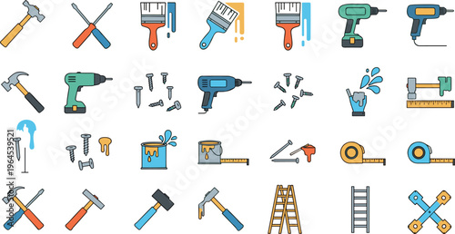Construction and DIY tools set with hammer screwdriver drill paintbrush nails tape ladder and measuring instruments cartoon vector illustration