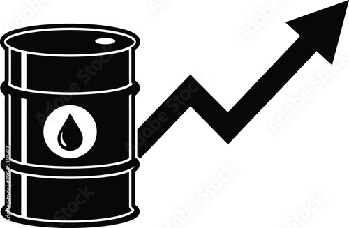 Black oil barrel with rising graph and arrow indicating price increase trend