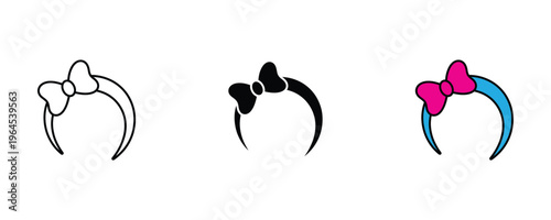 Cute headband with bow for girl hair accessories, fashion headpiece and beauty salon icon set. Vector Illustration.