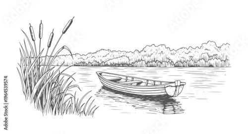 Rowboat calm water with cattails and distant forest lake river