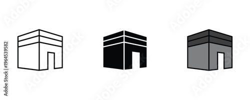Holy Kaaba building in Makkah for Islamic Hajj pilgrimage, Umrah and religious worship icon set. Vector Illustration.