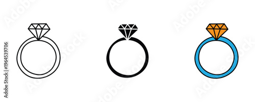 Luxury diamond engagement ring for wedding, jewelry gift and romantic proposal icon set. Precious gemstone symbol. Vector Illustration.