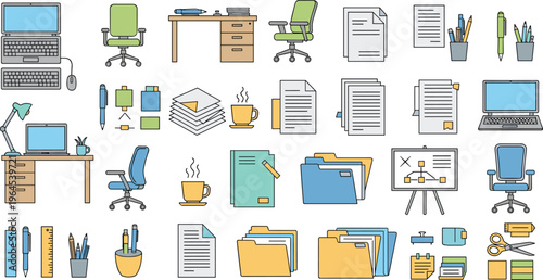 Office supplies and workspace icon set featuring desk furniture laptop chairs stationery folders documents and coffee for corporate interior design business organization and workflow.