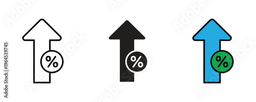 Upward arrow with percentage sign for financial growth, interest rate increase and business success icon set. Vector Illustration.