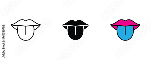 Human mouth with sticking out tongue for taste sense, expression and medical oral health icon set. Vector Illustration.