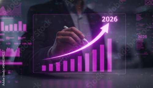 A professional close-up of a person's hand drawing a glowing futuristic digital business bar chart and a rising trend arrow on a holographic interface. The scene uses pink neon lighting 