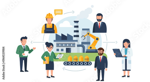 Integrated Manufacturing Process with Automation, Supply Chain, and Diverse Industry Professionals Workflow