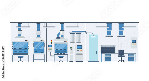 Modern Flat Design Laboratory Interior: Scientific Equipment, Fume Hoods, and Advanced Research Facilities for Biotech & Pharma