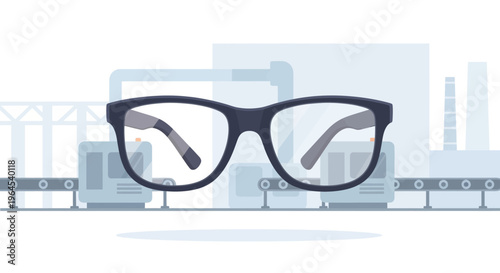 Eyeglasses Manufacturing Process Illustration with Industrial Production Line and Vision Care Concept