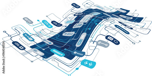 Futuristic circuit board design with blue and white components on a white background