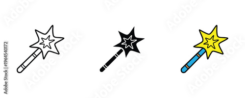 Magical star wand for fantasy wizard, fairy tale enchantment and magic trick performance icon set. Sparkle stick symbol. Vector Illustration.