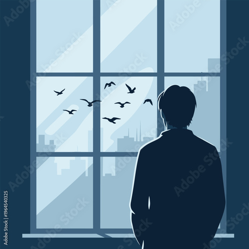 Man looking out window at birds flying.