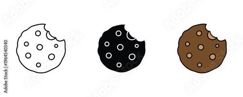 Sweet chocolate chip cookie with bite mark for bakery shop, delicious snack and homemade dessert icon set. Bitten biscuit symbol. Vector Illustration.