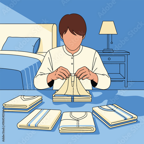 Man meticulously folding clothes with precision and care.