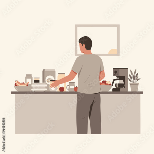Man preparing breakfast in a modern kitchen setting.