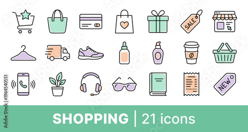 Set of twenty-one shopping icons representing retail items on white background in line art style