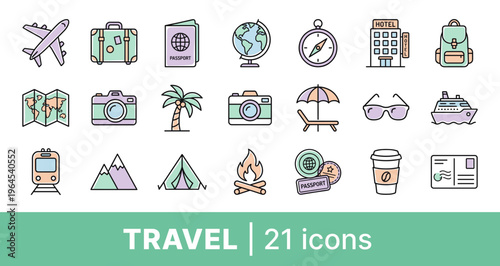Set of twenty-one travel icons representing vacation activities on white background in flat line style
