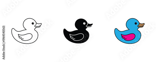 Yellow rubber duck for baby bath time, childhood toy and preschool water play icon set. Floating bird and bathing accessory symbol. Vector Illustration.