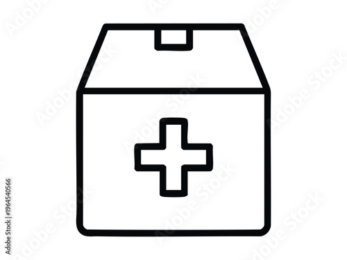 Simple line art illustration of a medical kit box with a red cross symbol on a transparent background