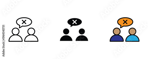 People icons with cross mark in speech bubble for negative feedback, communication error and disagreement icon set. Conflict and bad conversation symbol. Vector Illustration.