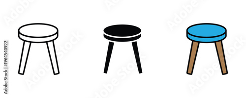 Round wooden stool for home furniture, kitchen bar chair and interior decoration icon set. Minimalist seat and cafe furniture symbol. Vector Illustration.