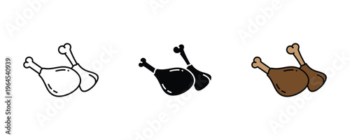 Fried chicken leg for fast food restaurant, crispy poultry drumstick and meat snack icon set. Delicious dinner and lunch meal symbol. Vector Illustration.