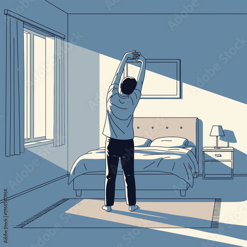 Man stretching in morning sunlight by the bed.
