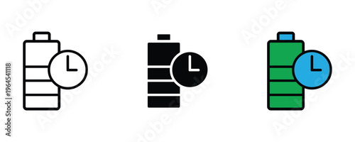 Battery charging time with clock for energy management, power status and electrical duration icon set. Battery life and timing symbol. Vector Illustration.