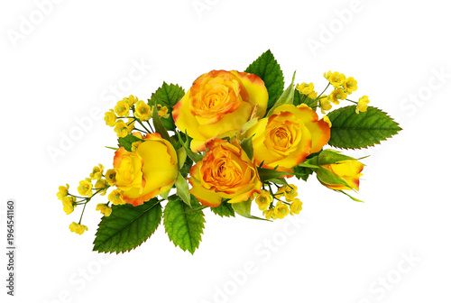 Small yellow and red rose flowers in a floral arrangement isolated on white or transparent background