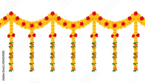 Vibrant yellow floral garland hangs with colorful beads and red flowers