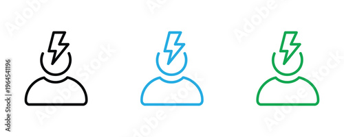 Human profile with lightning bolt for creative brainstorming, mental energy and inspiration icon set. Idea generation and power mind symbol. Vector Illustration.