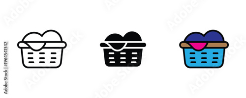 Laundry basket with clean clothes for household chore, textile washing and dry cleaning service icon set. Domestic housework and fabric care symbol. Vector Illustration.
