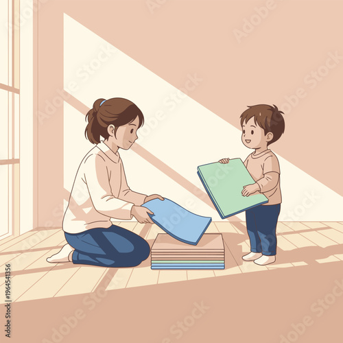 Mother and child folding laundry together happily.