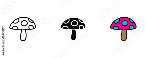 Forest mushroom with spots for nature exploration, organic vegetable and poisonous fungus icon set. Wild autumn plant symbol. Vector Illustration.