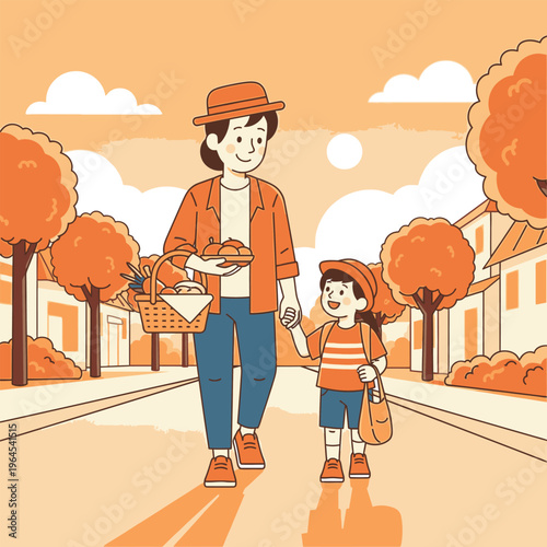 Mother and child walking together happily outdoors.