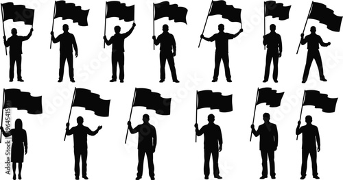 Collection of person silhouettes holding waving flags for political protest social activism sports fan celebration and national holiday events vector illustration set.