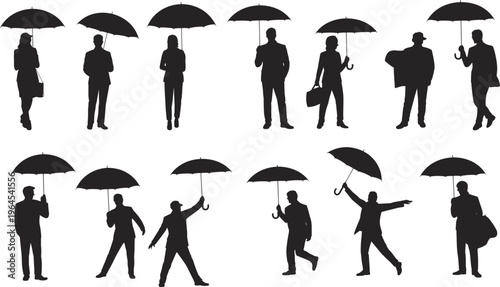Collection of black silhouettes showing business people holding umbrellas and standing in various poses isolated on white background for rainy weather or protection concepts