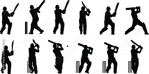 Collection of professional cricket batsman silhouettes performing various batting strokes like cover drive, pull shot, and defense, isolated on a white background for sports design.