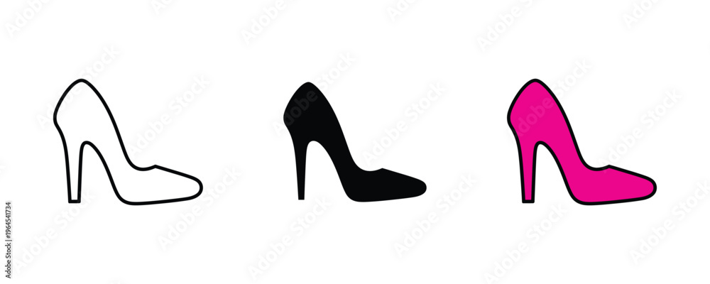 Obraz premium Elegant high heel woman shoe for fashion boutique, footwear beauty salon and lady apparel icon set. Stylish stiletto pumps symbol. Vector Illustration.