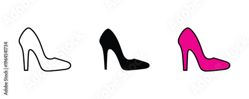 Elegant high heel woman shoe for fashion boutique, footwear beauty salon and lady apparel icon set. Stylish stiletto pumps symbol. Vector Illustration.