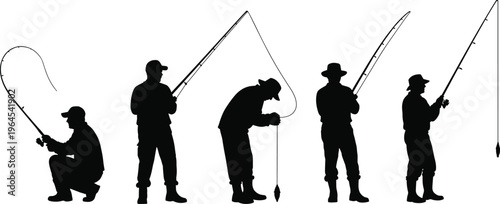 Collection of fisherman silhouettes in different poses like casting and standing for outdoor sport and hobby flat vector illustration design.