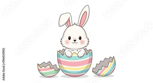A cute kawaii Easter bunny mascot hatches from a broken pastel-colored egg on a white background