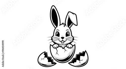 A cute kawaii Easter bunny mascot hatches from a cracked pastel-colored egg in a playful cartoon illustration with a joyful mood
