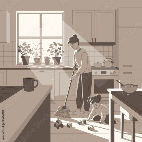 Mother sweeping floor while child plays nearby.