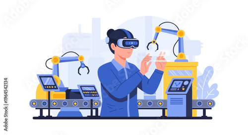 Engineer in VR/AR Headset Controlling Smart Factory Automation. Metaverse & Industry 4.0 Concept for Robotic Production & Manufacturing Innovation