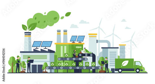 Sustainable Green Factory Manufacturing with Solar Panels, Wind Turbines, and Recycling. Eco-Friendly Industrial Production.