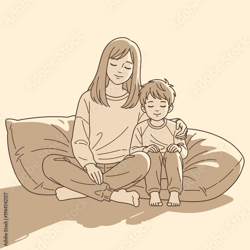 Mother and Son Sitting Together in Peaceful Moment.