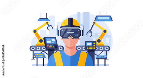 Engineer in VR/AR Headset Overseeing Smart Factory Automation with Robotic Arms: Industry 4.0 & Digital Manufacturing.