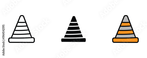 Orange traffic cone for road construction, safety warning and street maintenance icon set. Highway boundary and parking barrier symbol. Vector Illustration.