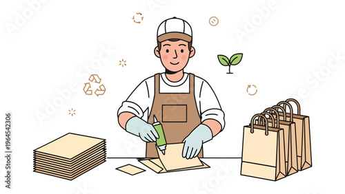 Eco-Friendly Packaging: An individual in an apron thoughtfully assembles sustainable paper bags with an eco-conscious spirit, symbolizing a commitment to environmentally friendly practices.